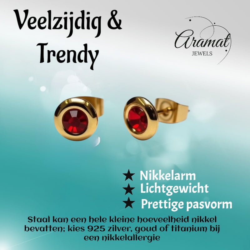Oorbellen &acirc;&euro;&ldquo; Staal Rode Kristal Goudkleurig (8mm) -