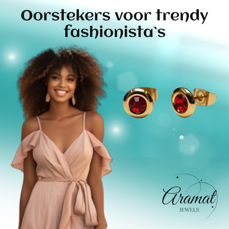 Oorbellen &acirc;&euro;&ldquo; Staal Rode Kristal Goudkleurig (8mm) -