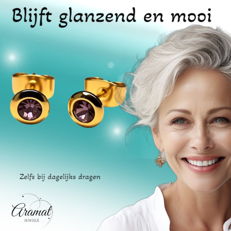 Oorbellen &acirc;&euro;&ldquo; RVS Goudkleurig met Licht Paars Kristal (6mm) -