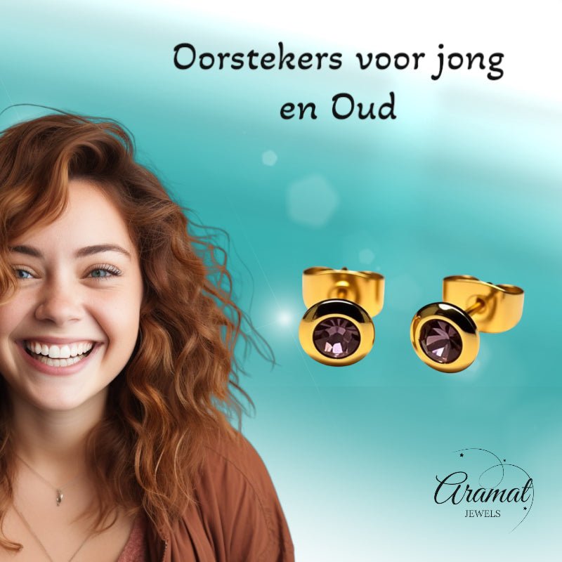 Oorbellen &acirc;&euro;&ldquo; RVS Goudkleurig met Licht Paars Kristal (6mm) -