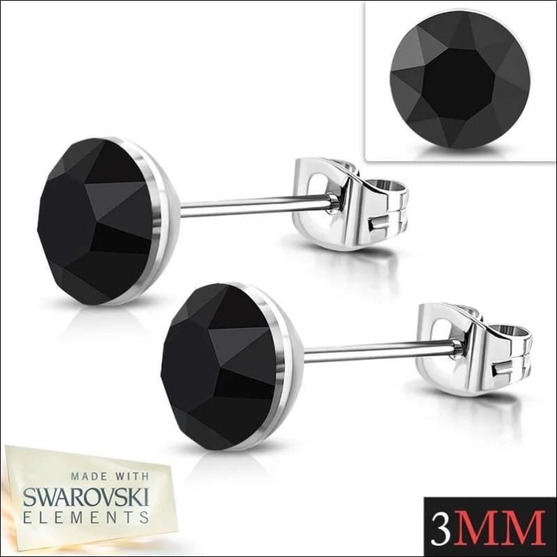 Zwarte Kristal Oorbellen RVS - 3mm -