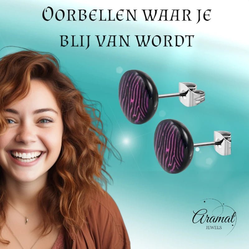 Ronde Zebra Print Oorbellen - 7mm Paars/Zwart -