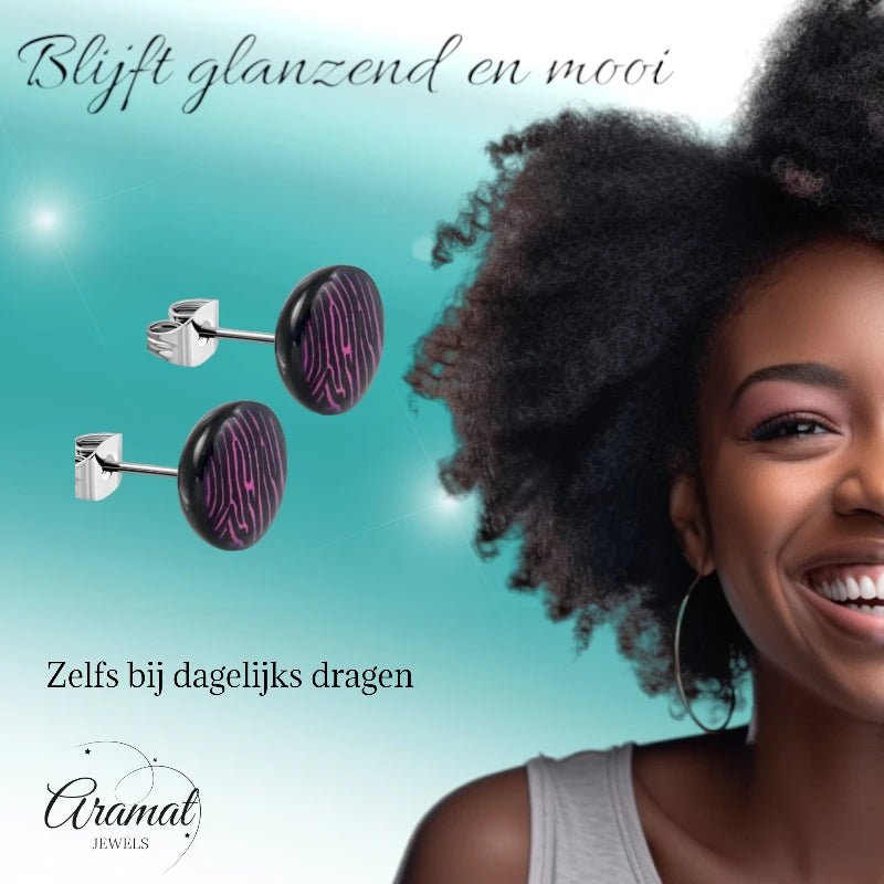 Ronde Zebra Print Oorbellen - 7mm Paars/Zwart -