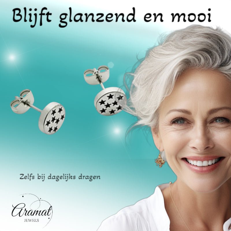 Oorbellen &acirc;&euro;&ldquo; RVS Sterrenpatroon Zilver/Zwart (8mm) - Unisex