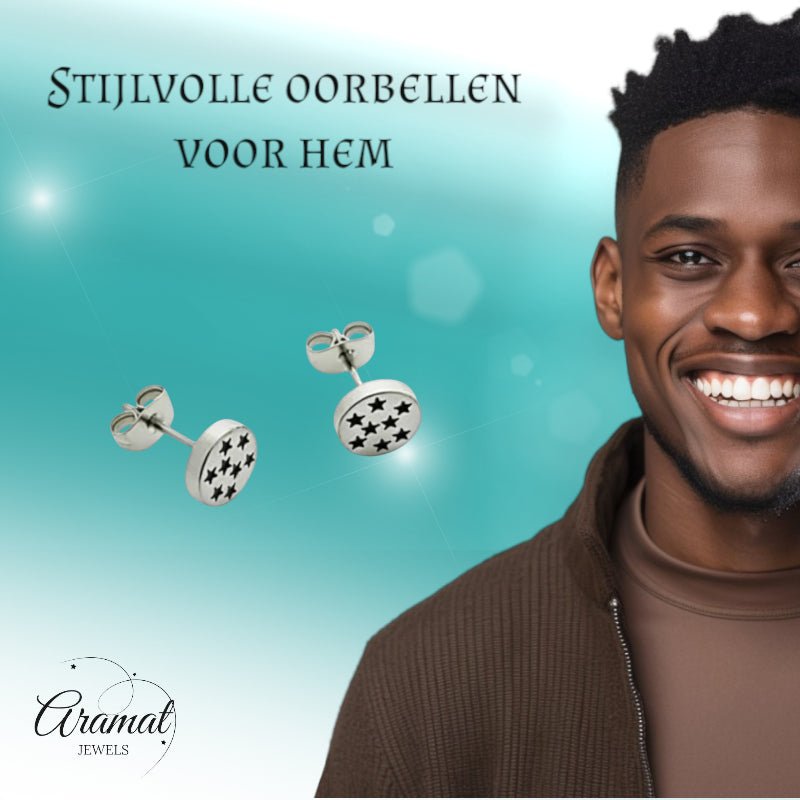 Oorbellen &acirc;&euro;&ldquo; RVS Sterrenpatroon Zilver/Zwart (8mm) - Unisex