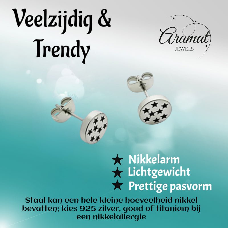 Oorbellen &acirc;&euro;&ldquo; RVS Sterrenpatroon Zilver/Zwart (8mm) - Unisex