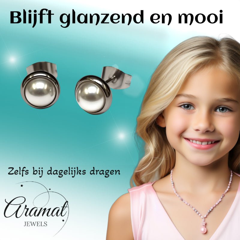 Oorstekers &acirc;&euro;&ldquo; Parel Wit Staal (8mm) -