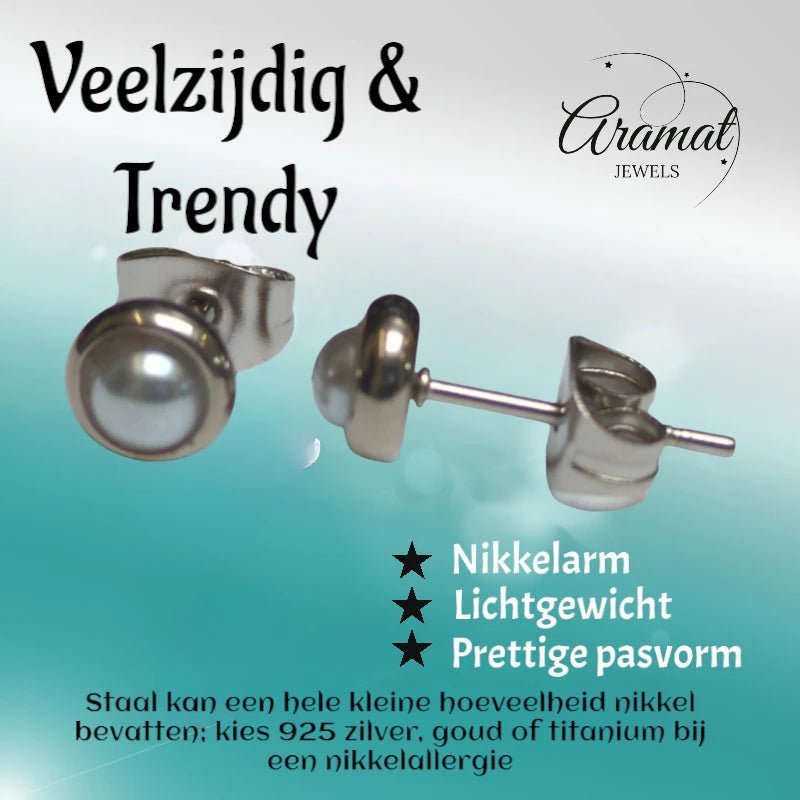 Parel oorbellen-wit - 6mm - Staal -