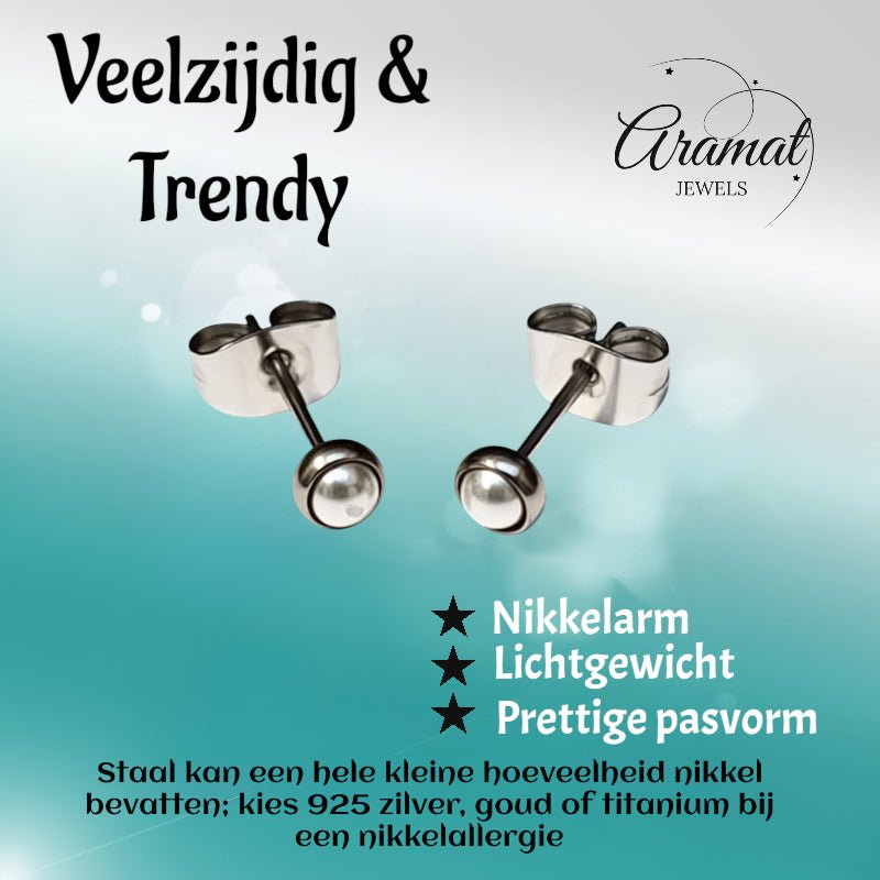 Oorstekers &acirc;&euro;&ldquo; Stalen Parel Wit Zilverkleurig (4mm) -