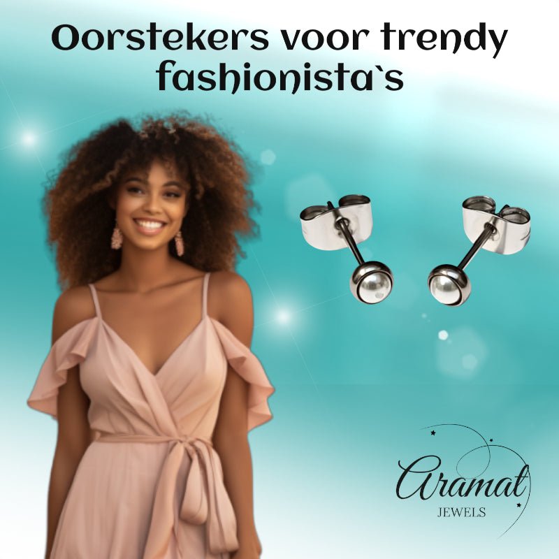 Oorstekers &acirc;&euro;&ldquo; Stalen Parel Wit Zilverkleurig (4mm) -