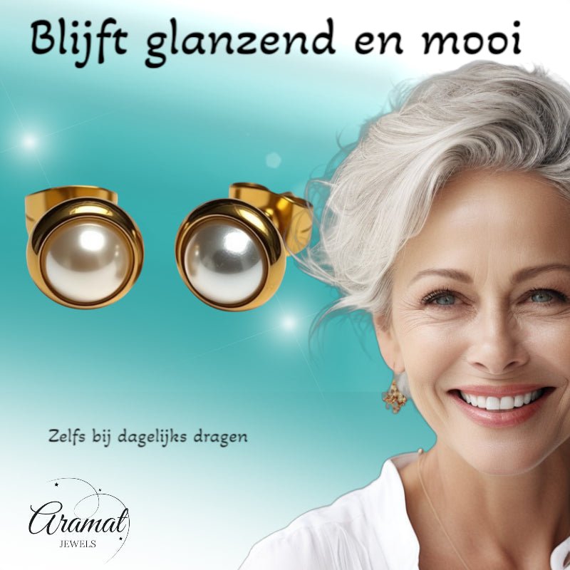 Oorknopjes &acirc;&euro;&ldquo; Parel Wit Goudkleurig (8mm) -