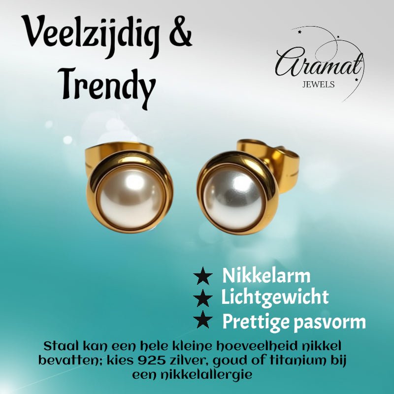 Oorknopjes &acirc;&euro;&ldquo; Parel Wit Goudkleurig (8mm) -