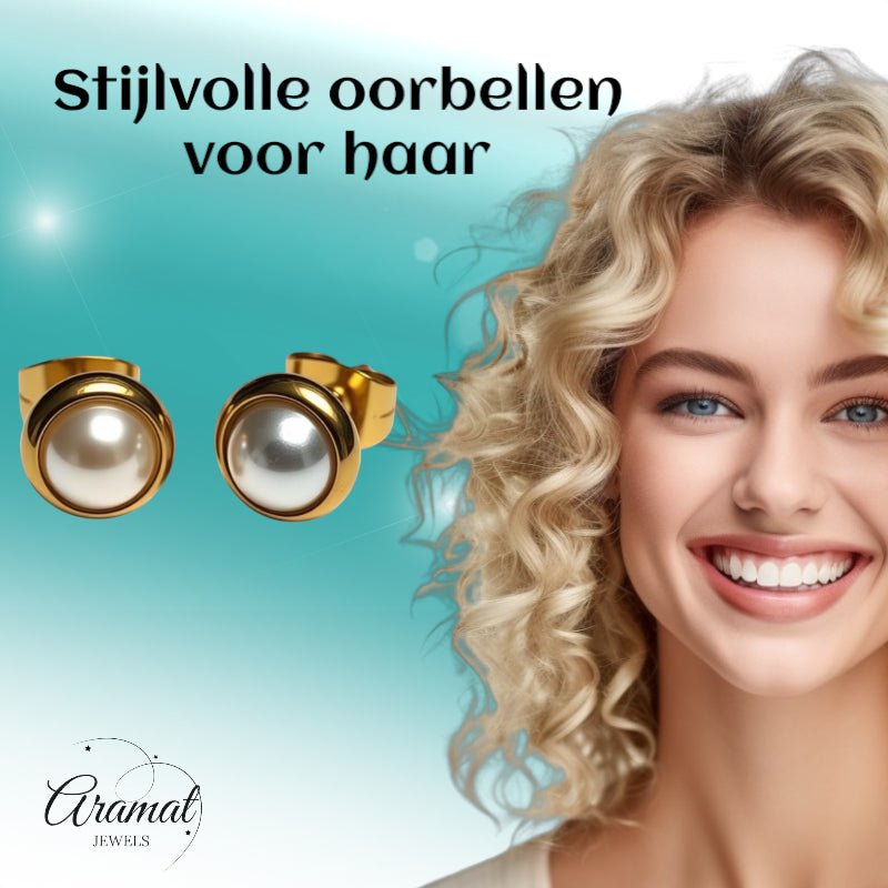 Oorknopjes &acirc;&euro;&ldquo; Parel Wit Goudkleurig (8mm) -