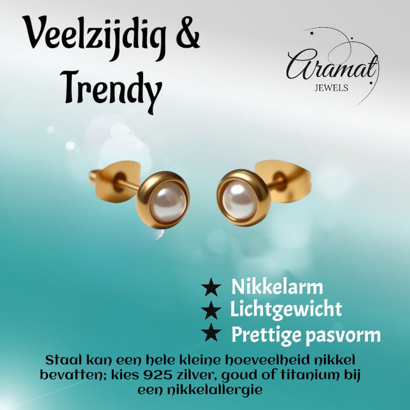 Oorbellen &acirc;&euro;&ldquo; Parel Wit in Goudkleurig Design (6mm) -