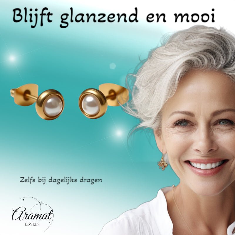 Oorbellen &acirc;&euro;&ldquo; Parel Wit in Goudkleurig Design (6mm) -
