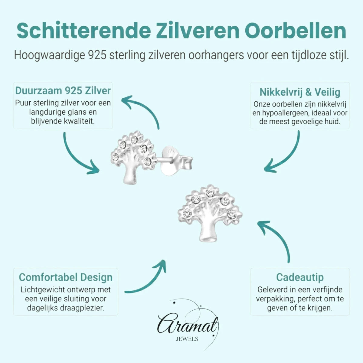 ZIlveren Levensboom Oorbellen 8mm -