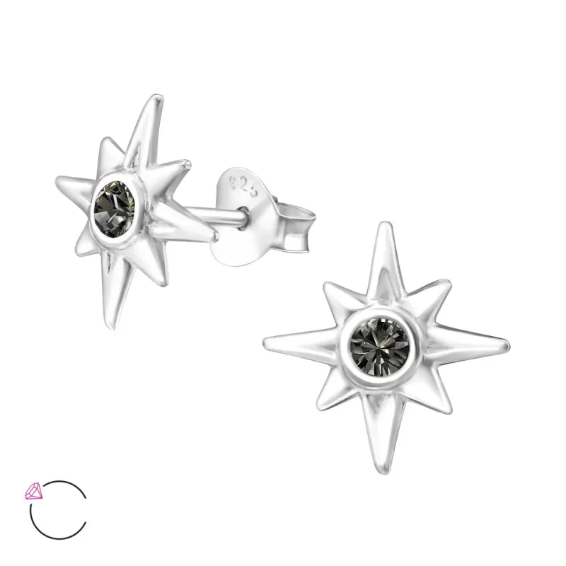 Zilveren Ishtar Ster Oorbellen - Black Diamond Kristal -