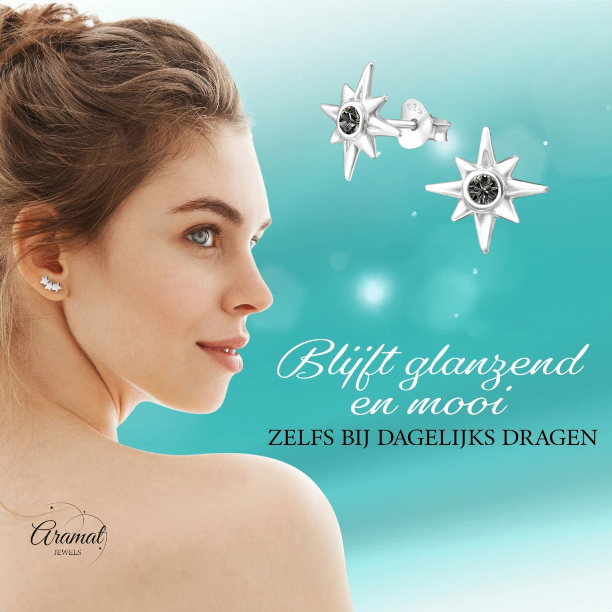 Zilveren Ishtar Ster Oorbellen - Black Diamond Kristal -
