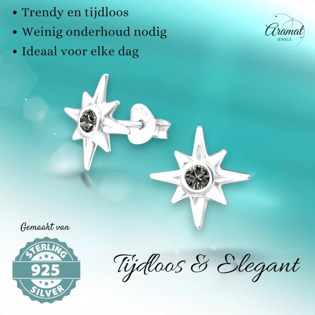 Zilveren Ishtar Ster Oorbellen - Black Diamond Kristal -