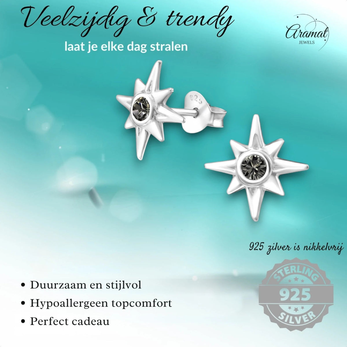 Zilveren Ishtar Ster Oorbellen - Black Diamond Kristal -
