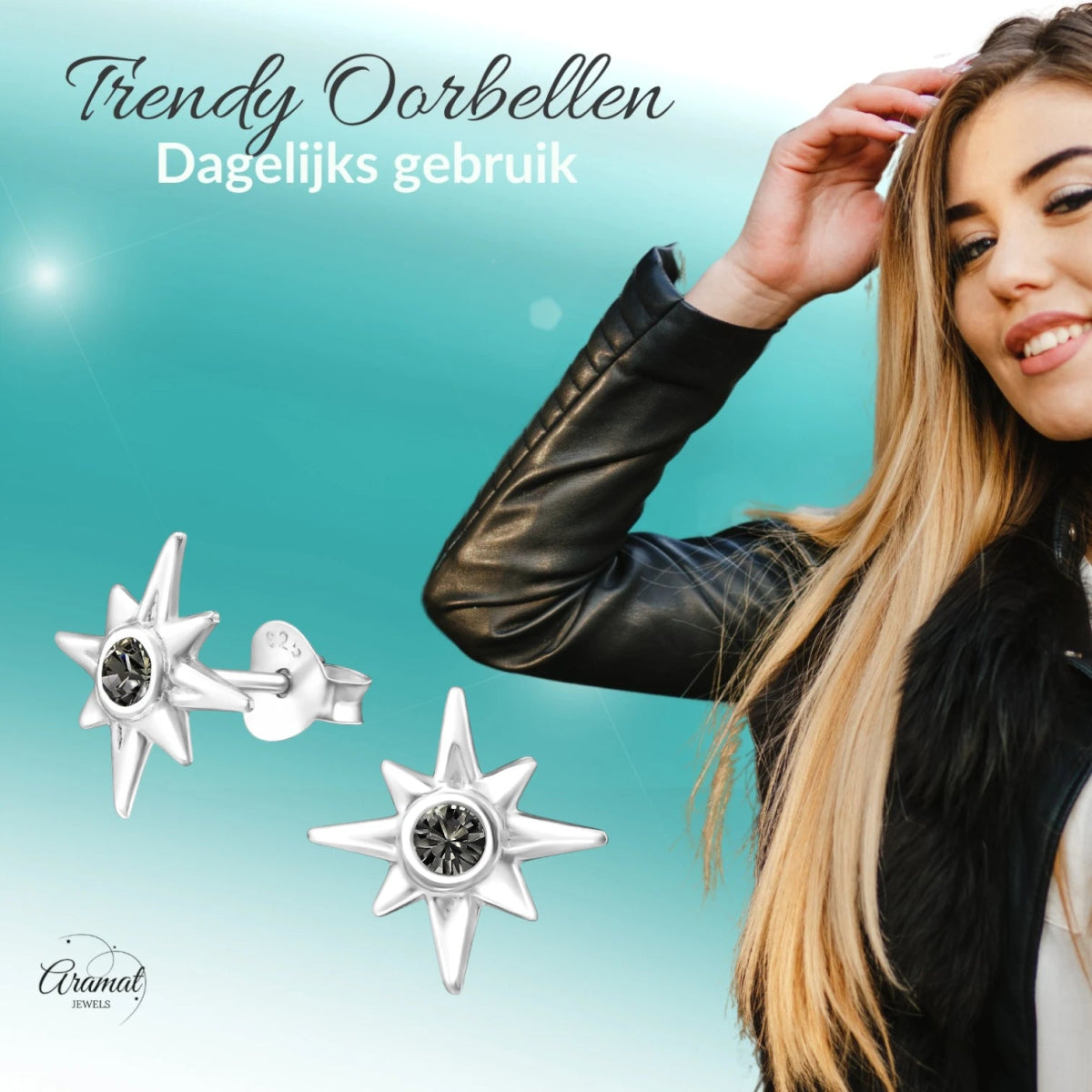 Zilveren Ishtar Ster Oorbellen - Black Diamond Kristal -
