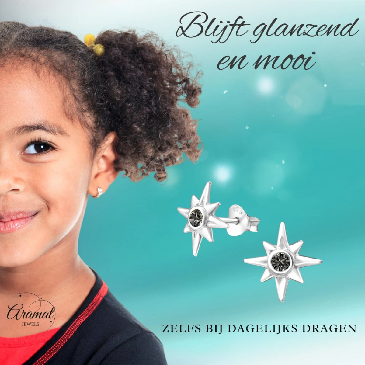Zilveren Ishtar Ster Oorbellen - Black Diamond Kristal -