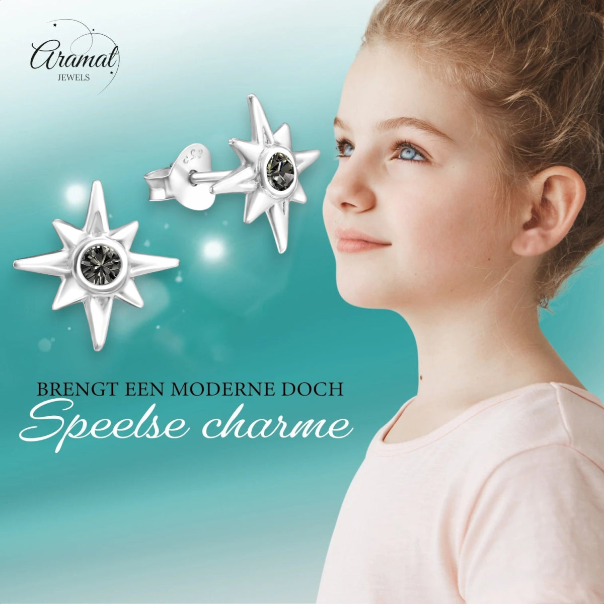 Zilveren Ishtar Ster Oorbellen - Black Diamond Kristal -