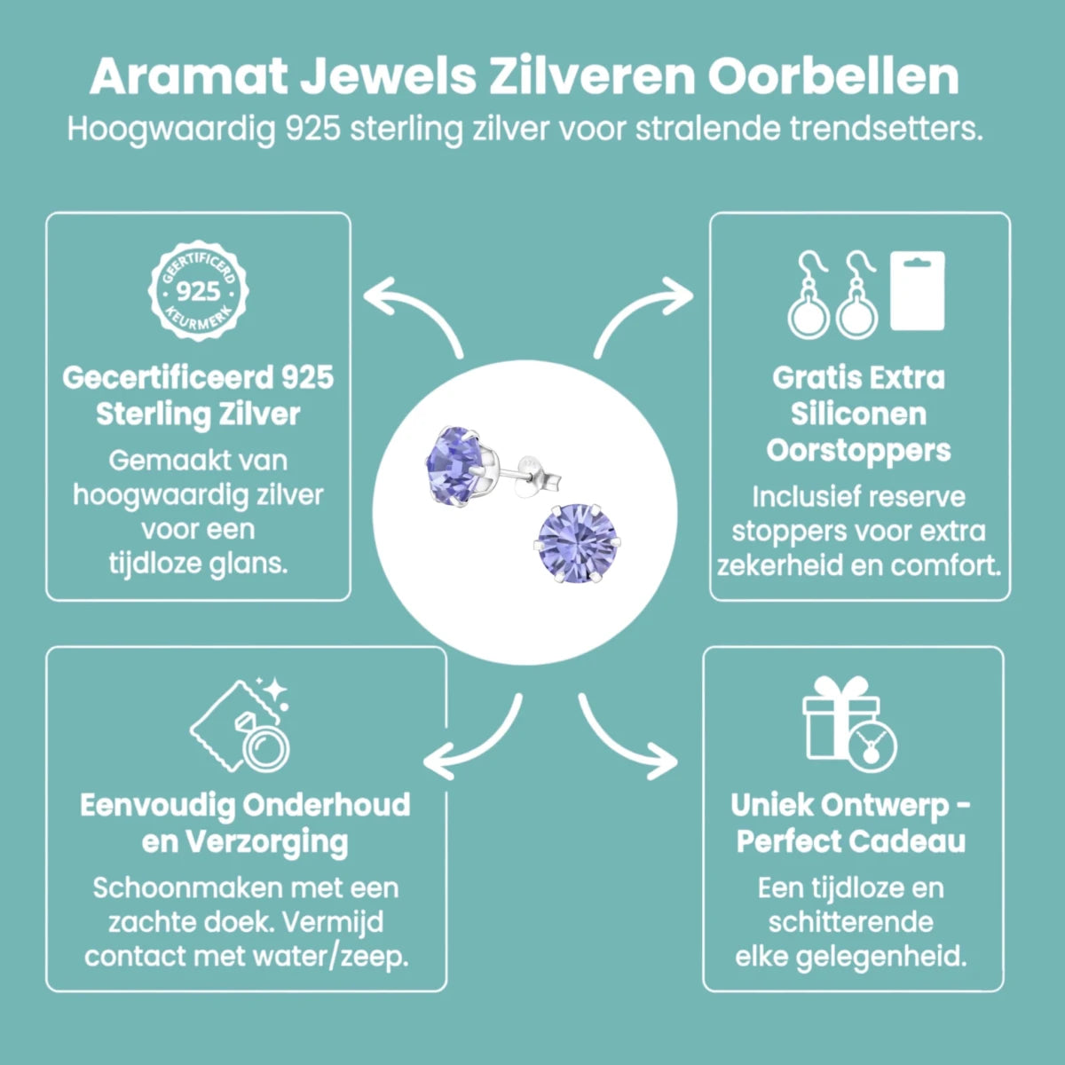 Paarse Kristal Oorbellen Sterling Zilver -