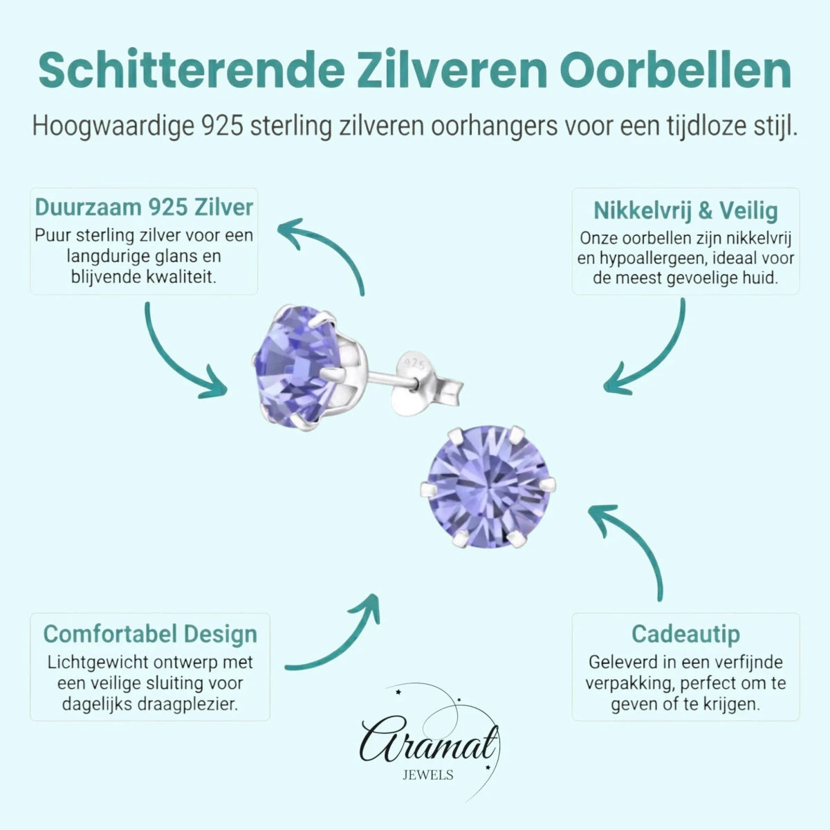 Paarse Kristal Oorbellen Sterling Zilver -