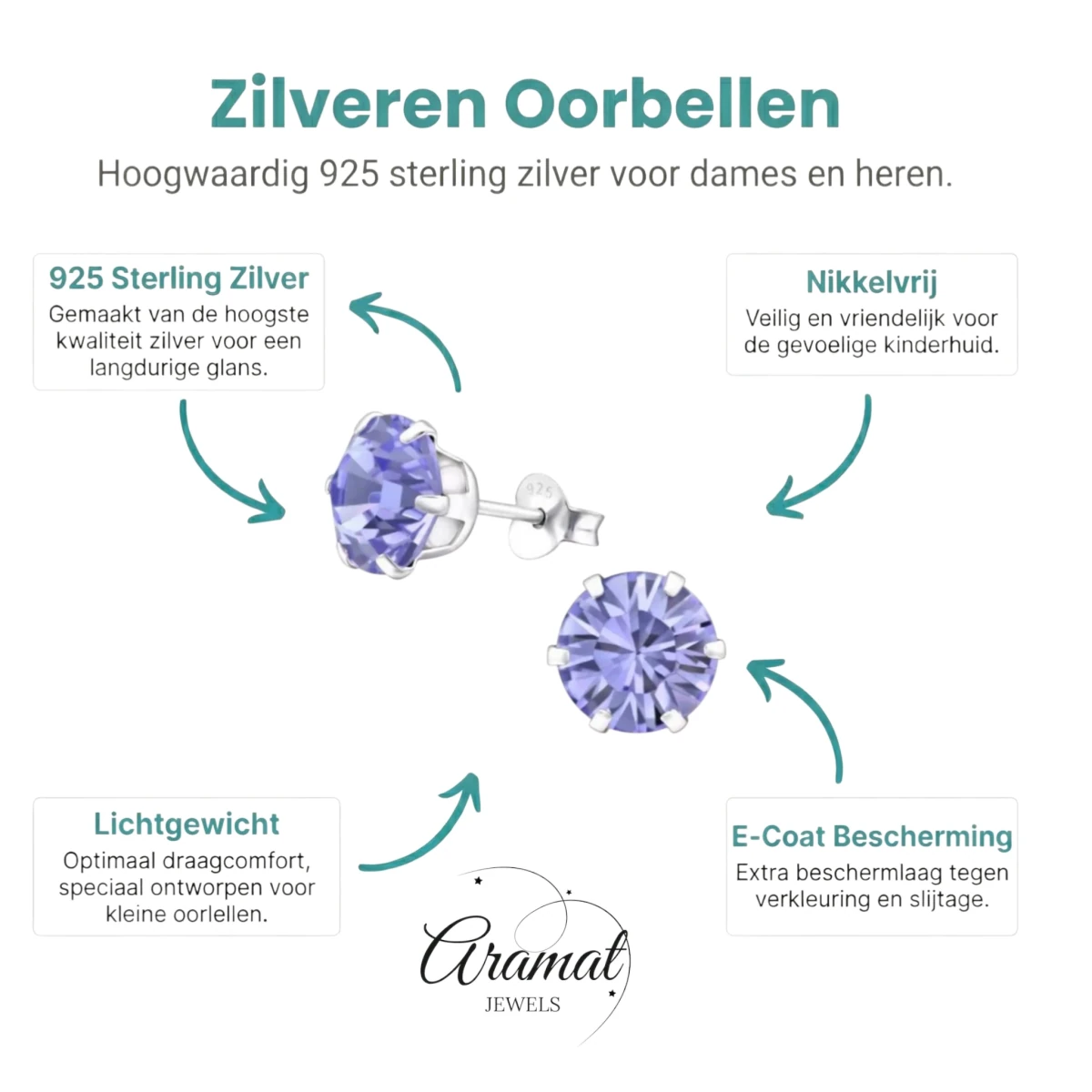 Paarse Kristal Oorbellen Sterling Zilver -