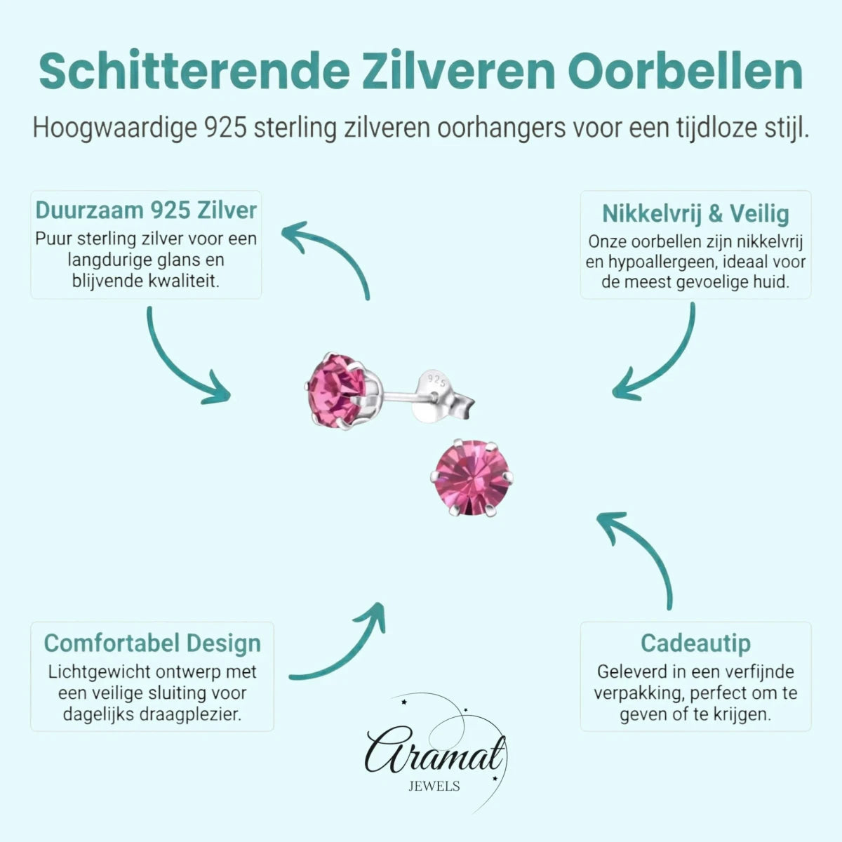 Zilveren Kristal Oorbellen roze -