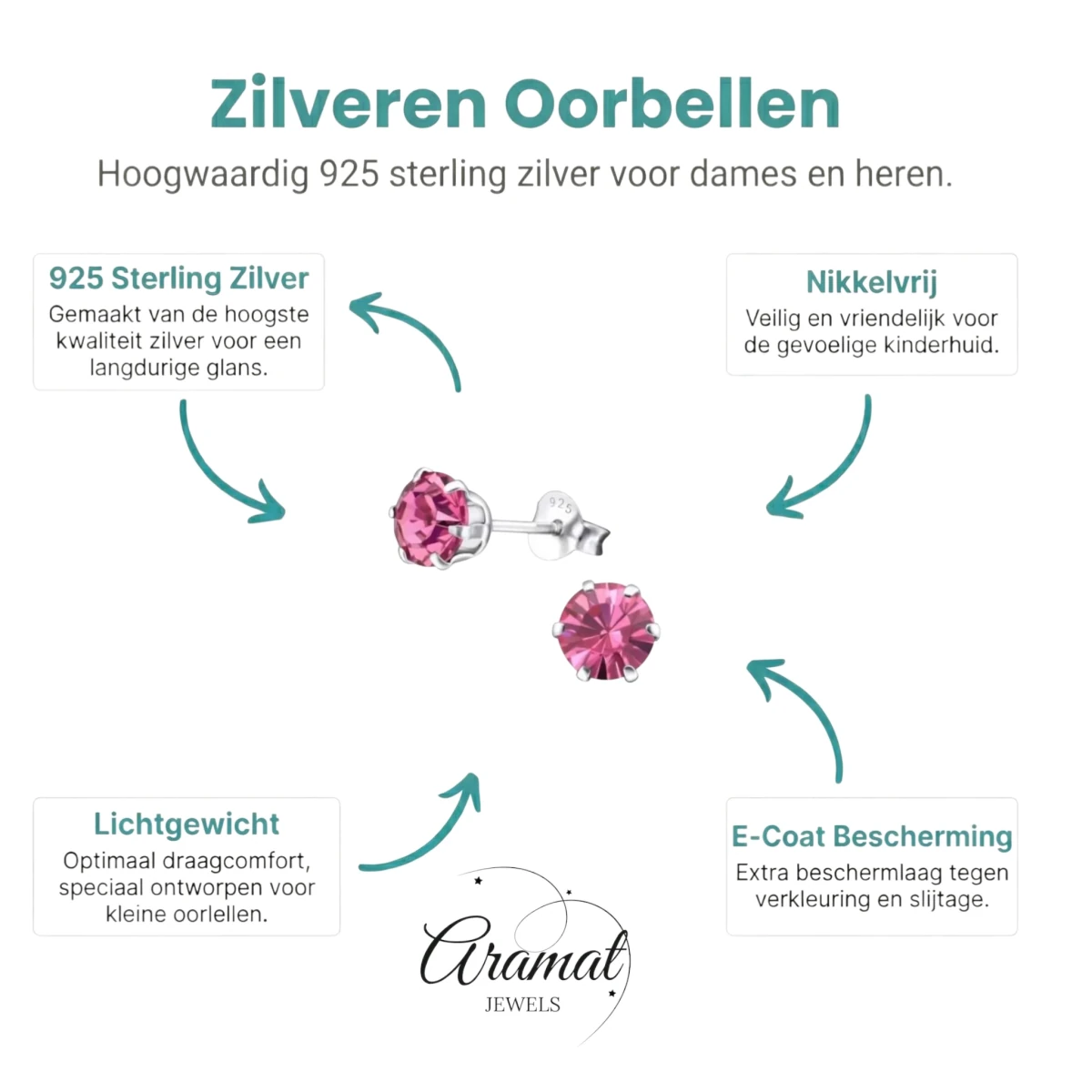 Zilveren Kristal Oorbellen roze -