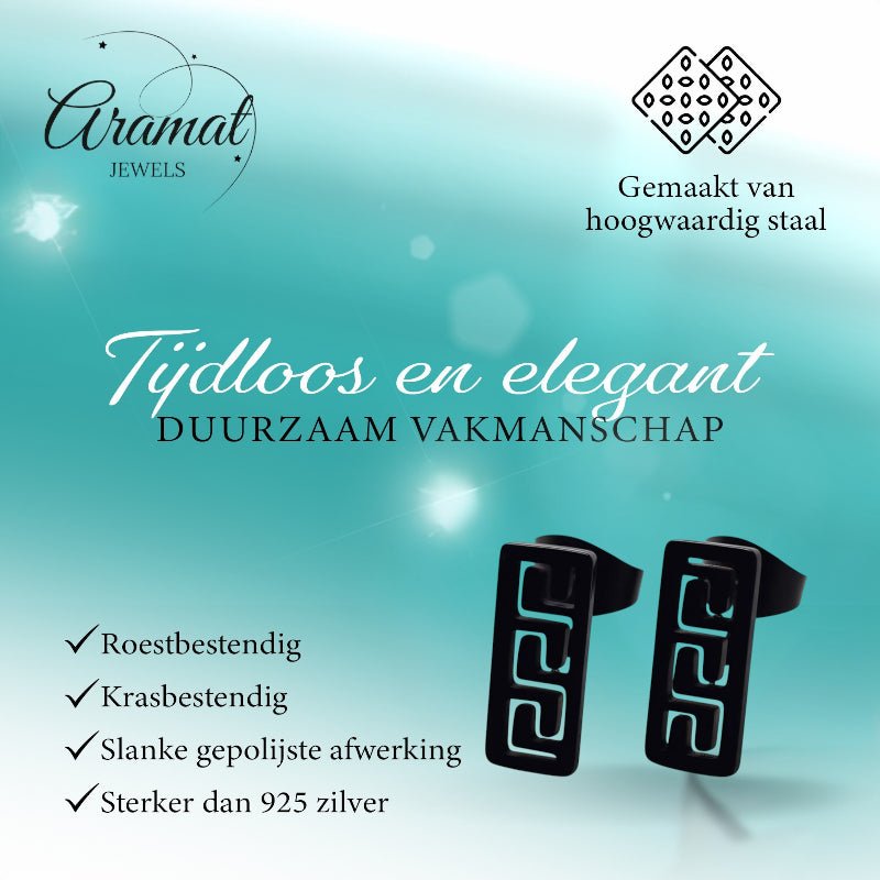 Oorbellen &acirc;&euro;&ldquo; Staal Bar Zwart Grieks Motief (11x5mm) -