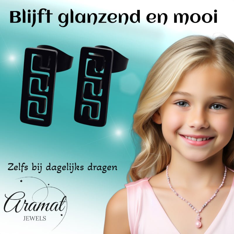 Oorbellen &acirc;&euro;&ldquo; Staal Bar Zwart Grieks Motief (11x5mm) -