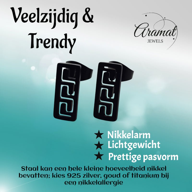 Oorbellen &acirc;&euro;&ldquo; Staal Bar Zwart Grieks Motief (11x5mm) -