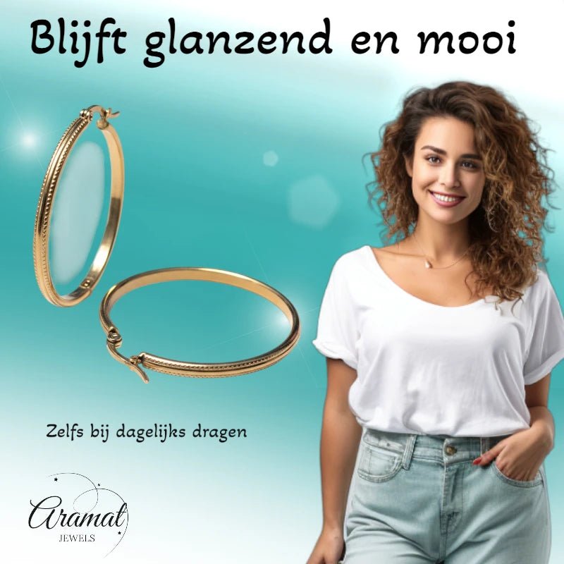 Oorringen &acirc;&euro;&ldquo; 40mm Hoepel Bewerkt RVS Goudkleur Dames -