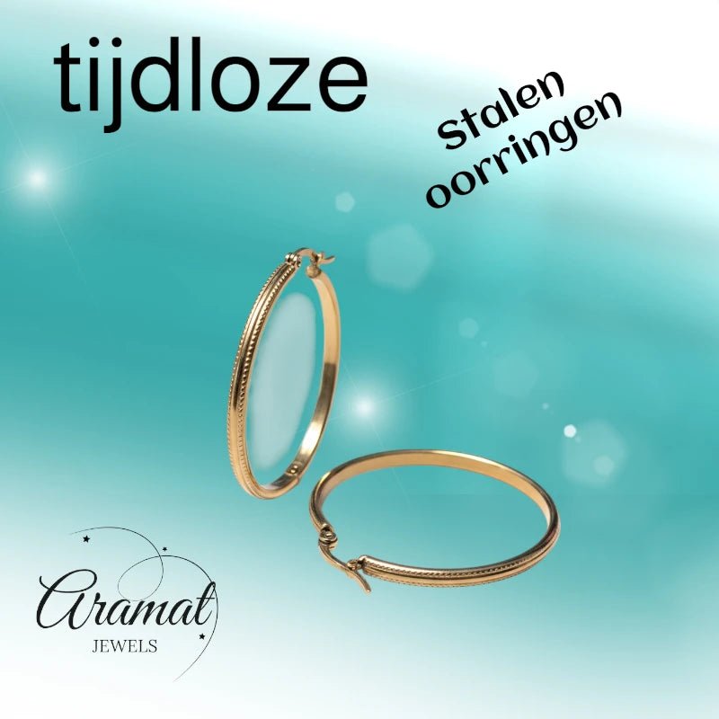 Oorringen &acirc;&euro;&ldquo; 40mm Hoepel Bewerkt RVS Goudkleur Dames -