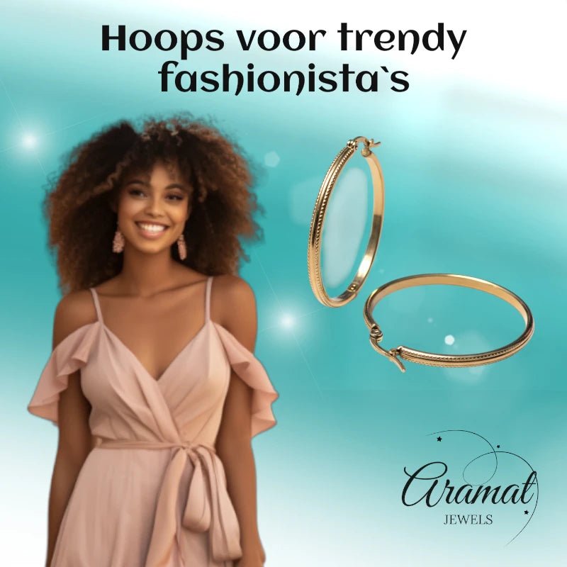 Oorringen &acirc;&euro;&ldquo; 40mm Hoepel Bewerkt RVS Goudkleur Dames -