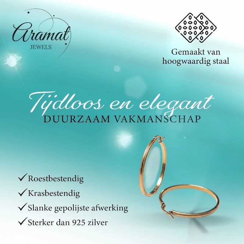 Oorringen &acirc;&euro;&ldquo; 40mm Hoepel Bewerkt RVS Goudkleur Dames -