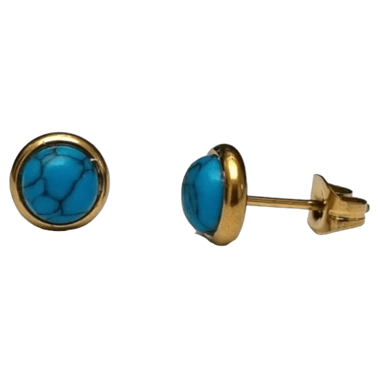 RVS Boho Oorbellen Blauw Marmer 8mm Goudkleur - Gemarmerde Studs -