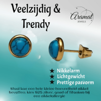 RVS Boho Oorbellen Blauw Marmer 8mm Goudkleur - Gemarmerde Studs -