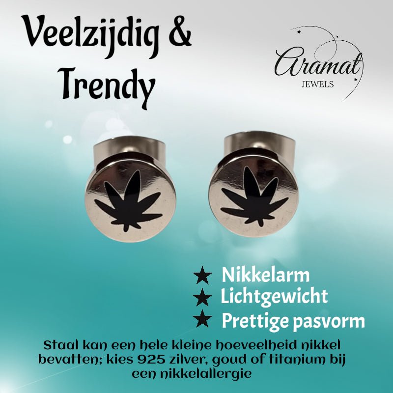 Oorbellen &acirc;&euro;&ldquo; RVS Wietblad Zilver/Zwart (8mm) -