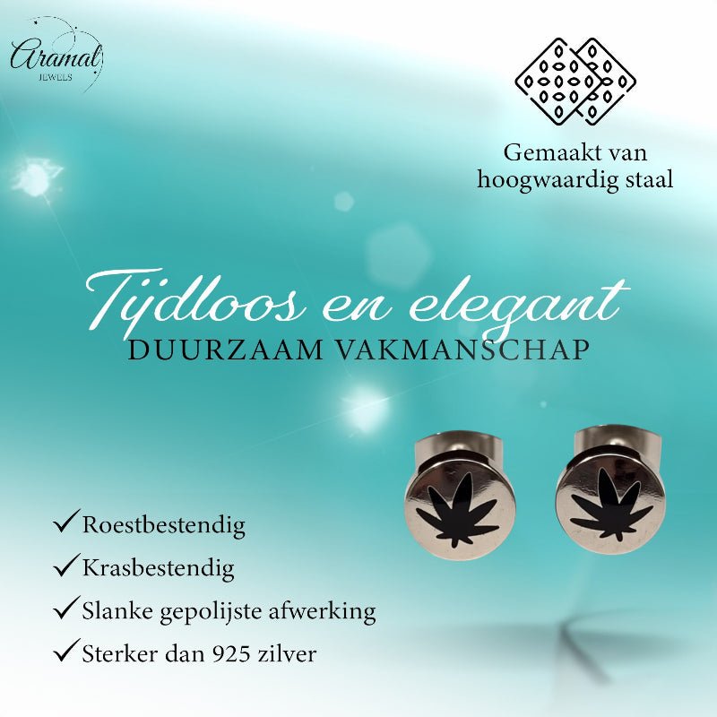 Oorbellen &acirc;&euro;&ldquo; RVS Wietblad Zilver/Zwart (8mm) -