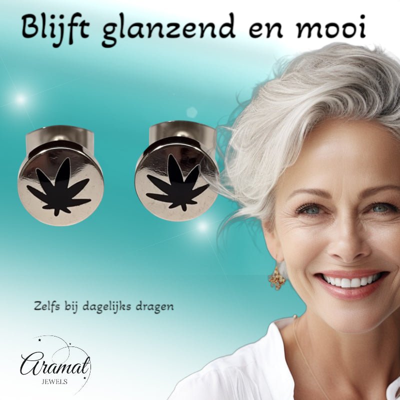 Oorbellen &acirc;&euro;&ldquo; RVS Wietblad Zilver/Zwart (8mm) -