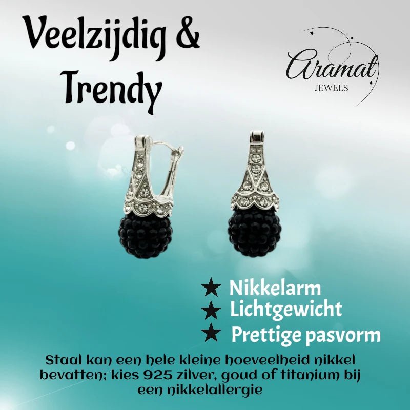 Oorhangers &acirc;&euro;&ldquo; Zwarte Kristal Bol met Transparante Kristallen RVS Dames -