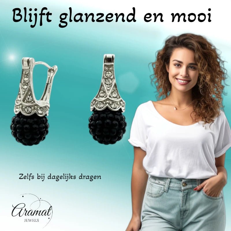 Oorhangers &acirc;&euro;&ldquo; Zwarte Kristal Bol met Transparante Kristallen RVS Dames -
