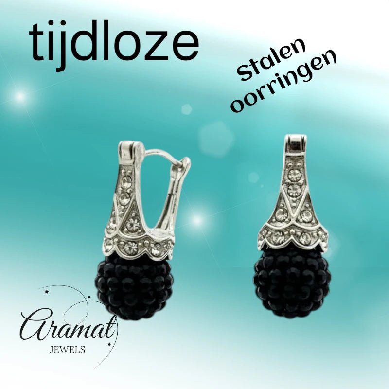 Oorhangers &acirc;&euro;&ldquo; Zwarte Kristal Bol met Transparante Kristallen RVS Dames -