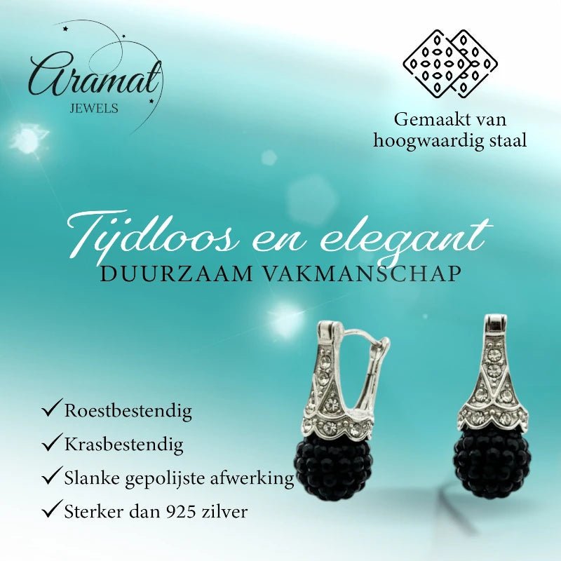 Oorhangers &acirc;&euro;&ldquo; Zwarte Kristal Bol met Transparante Kristallen RVS Dames -