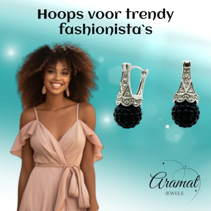 Oorhangers &acirc;&euro;&ldquo; Zwarte Kristal Bol met Transparante Kristallen RVS Dames -