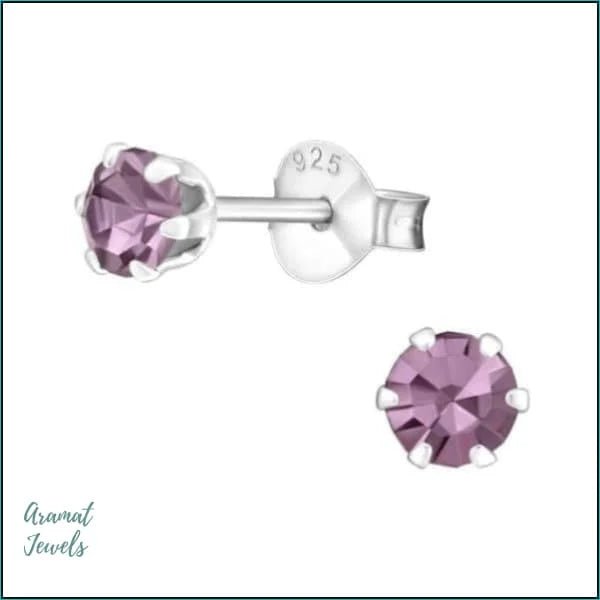 925 Zilveren Kristallen Oorbellen Rond 4-8mm - Sprankelende Studs - 4mm / Licht Paars -